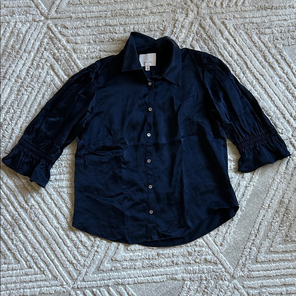 cinq a sept Dark Navy Silk Button-Front Blouse